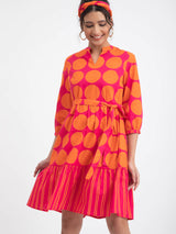 Cotton Poplin Polka Puff-sleeve Dress - Pink & Orange