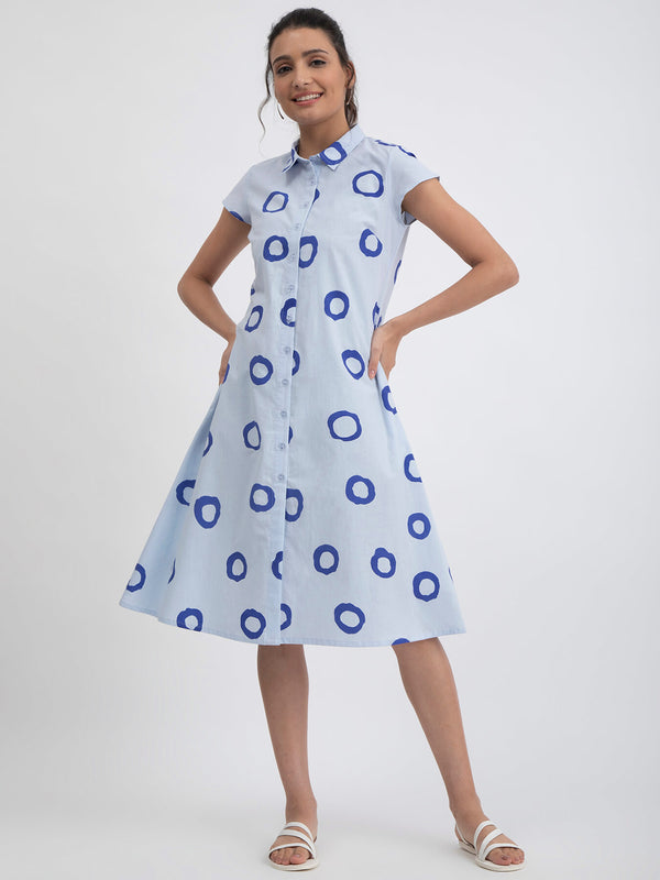 Cotton Poplin Polka Shirt Collar Dress - Blue