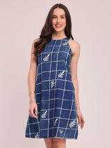 Cotton Linen Checked Sleeveless Dress - Indigo
