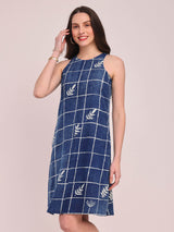 Cotton Linen Checked Sleeveless Dress - Indigo