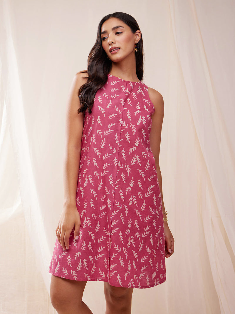 Cotton Dabu Handblock Petal Print Dress - Pink