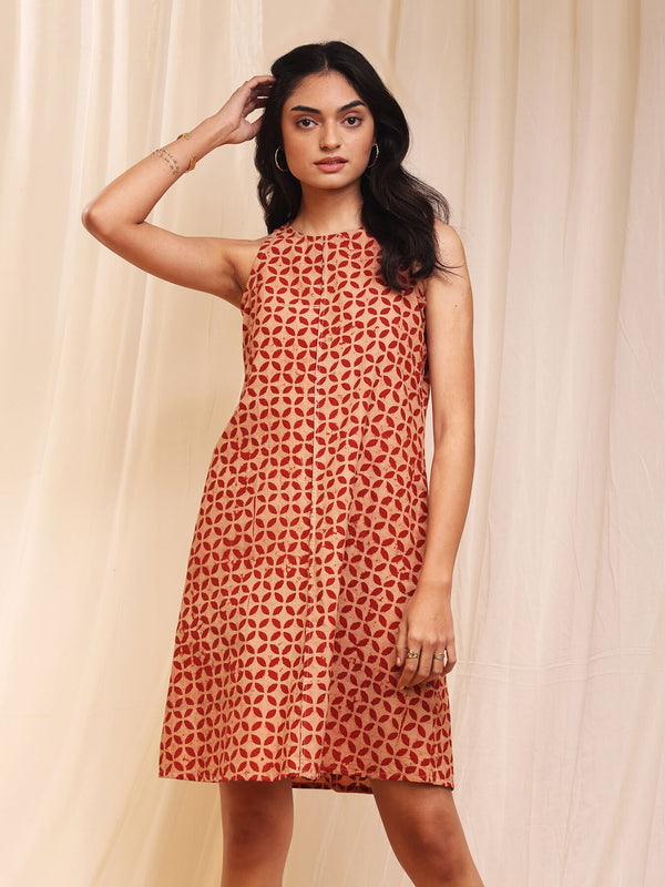 Cotton Ajrakh Geometric Print Dress - Beige & Red