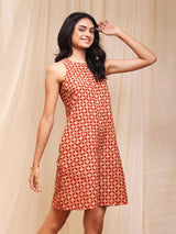 Cotton Ajrakh Geometric Print Dress - Beige & Red