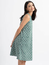 Cotton Sleeveless Dabu Handblock Printed Dress - Green