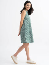 Cotton Sleeveless Dabu Handblock Printed Dress - Green