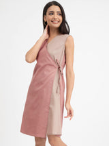 Linen Blend Colour Block Tie-up Dress - Beige And Pink