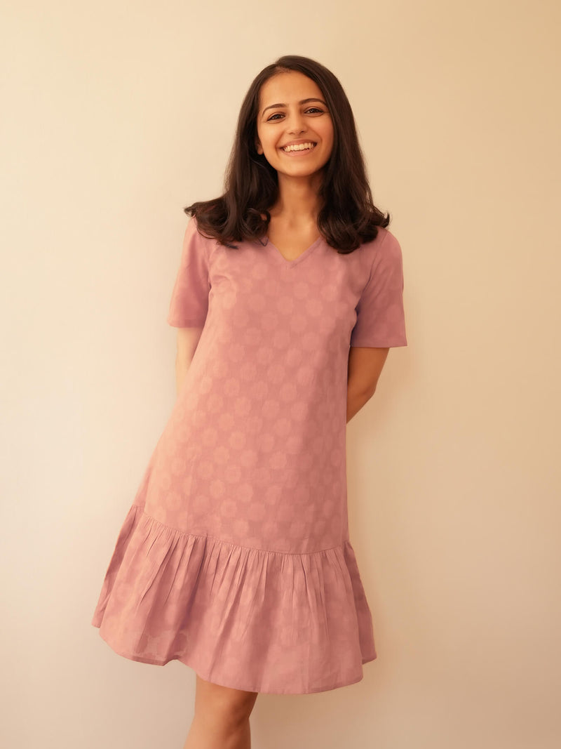 Cotton Jacquard Single Tiered Dress With Slip - Pink