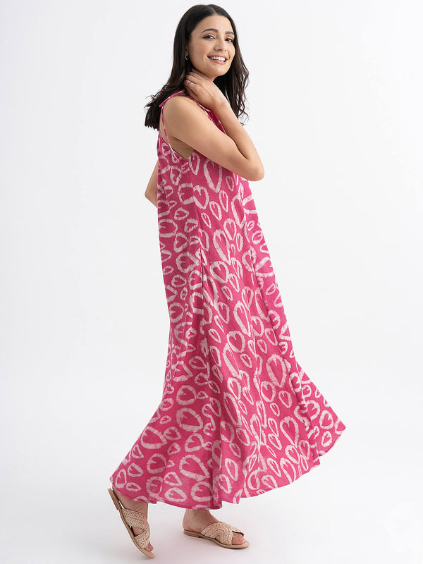 Cotton Hand-block Printed Halterneck Dress - Pink