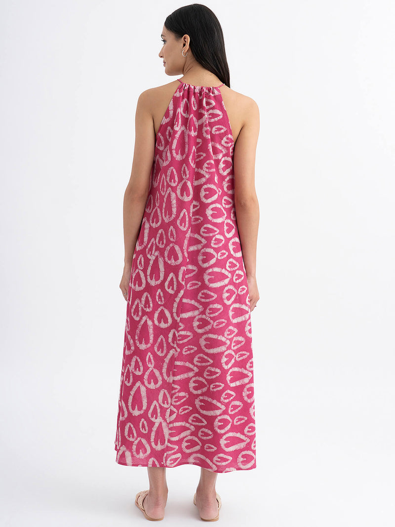 Cotton Hand-block Printed Halterneck Dress - Pink