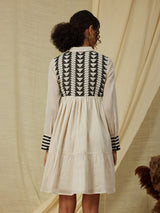 Cotton Geometric Print Tiered Dress - Black & Cream