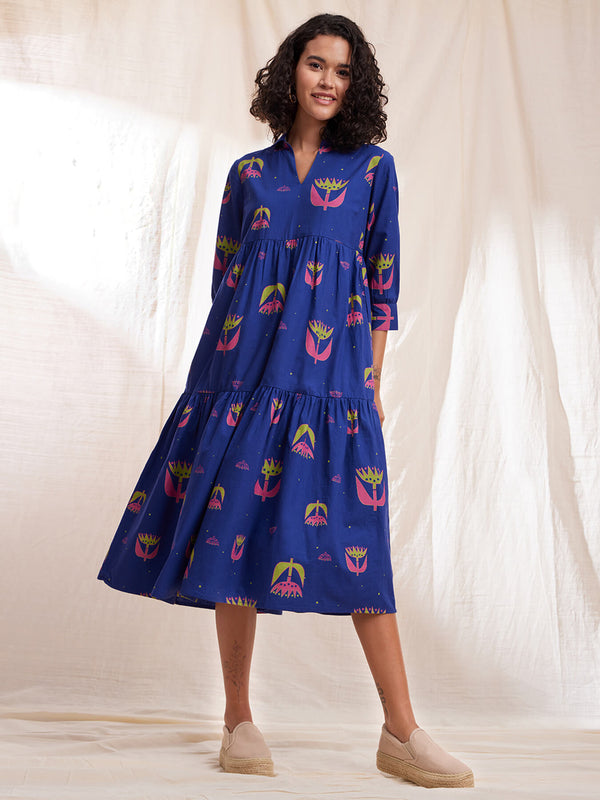 Cotton Poplin Floral Shirt Collar Dress - Blue