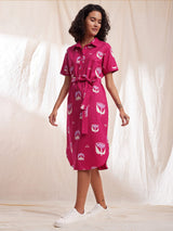 Cotton Poplin Floral Shirt Collar Dress - Pink