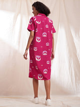 Cotton Poplin Floral Shirt Collar Dress - Pink
