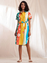 Cotton Poplin Floral & Striped Shirt Dress - Multicolour