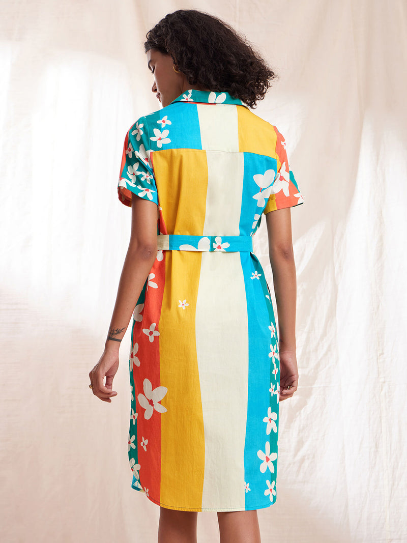 Cotton Poplin Floral & Striped Shirt Dress - Multicolour