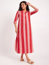 Cotton Poplin Stripe Play Shirt Dress - Red & Pink