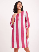 Cotton Poplin Stripe Play A line Dress - Pink & White