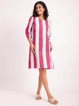 Cotton Poplin Stripe Play A line Dress - Pink & White