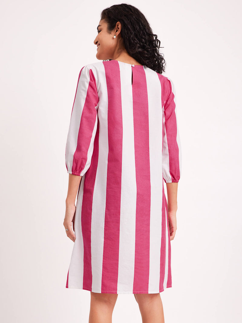 Cotton Poplin Stripe Play A line Dress - Pink & White