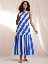 Cotton Poplin Stripe Play Single Tiered Dress - Blue & White
