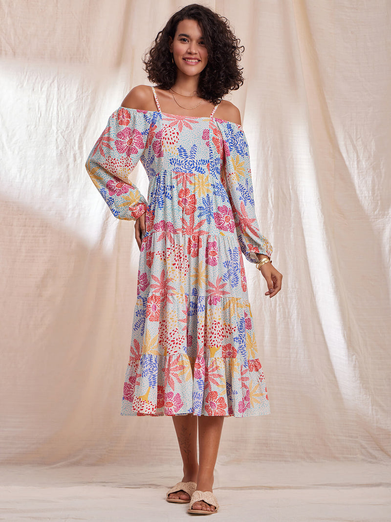 Floral Puff Sleeves Dress - Muticolour