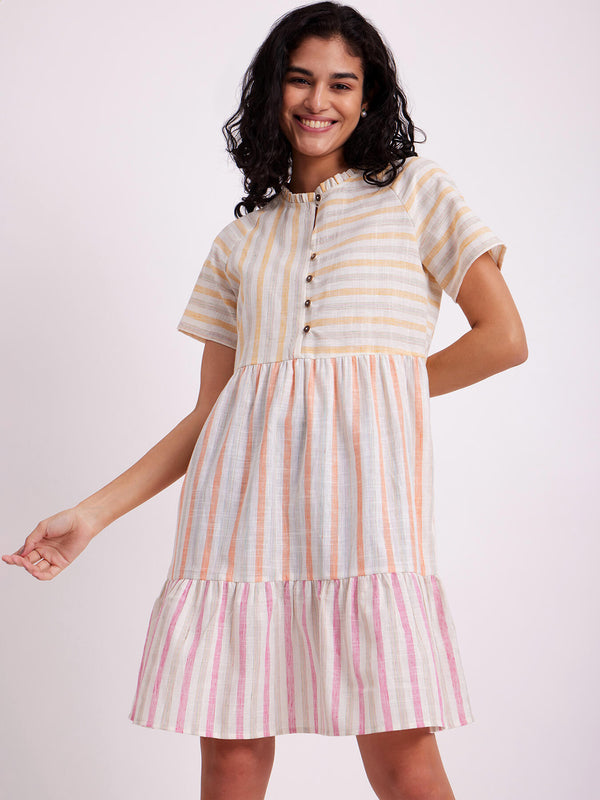 Cotton Stripe Play Tiered Dress - White