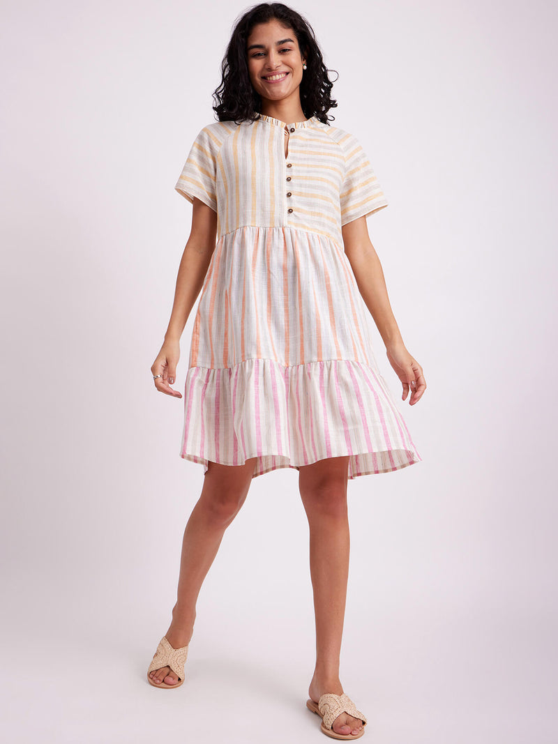 Cotton Stripe Play Tiered Dress - White