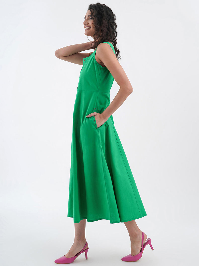 Sleeveless Cotton Poplin A line Dress - Green