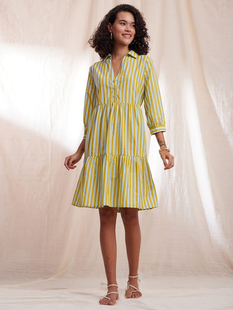 Cotton Stripe Play A line Dress - Blue & Yellow