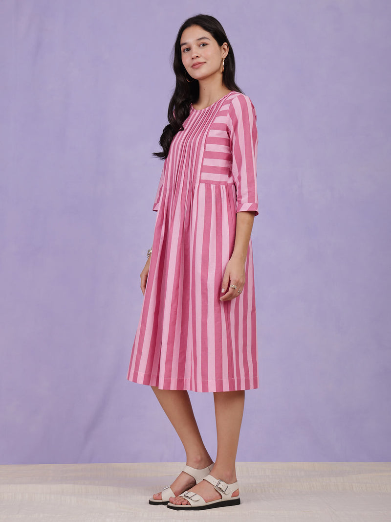 Cotton A-Line Striped Dress - Pink