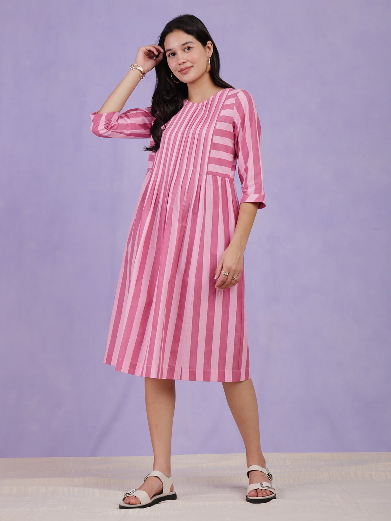 Cotton A-Line Striped Dress - Pink