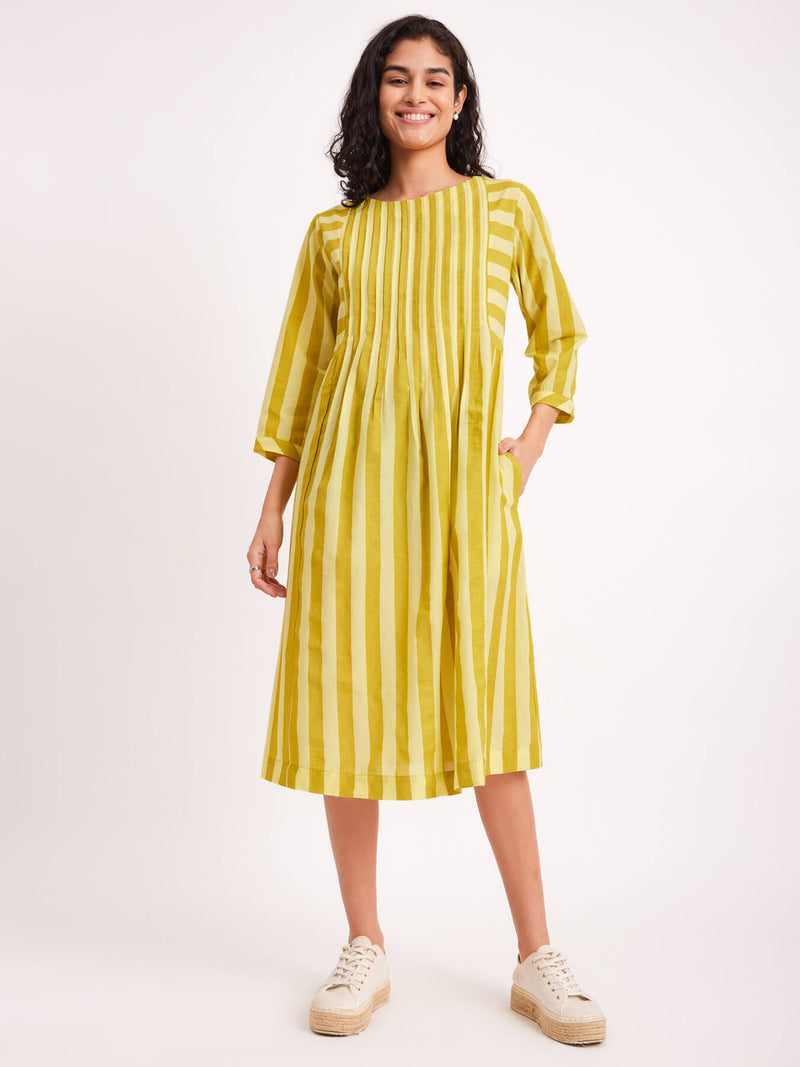 Cotton Stripe Play A line Dress - Yellow