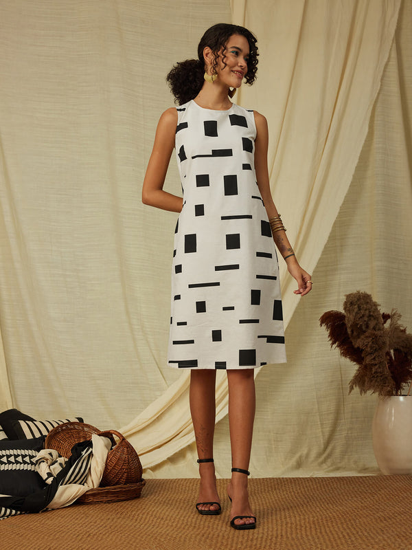 Cotton Poplin Geometric Print Dress - Black & Cream