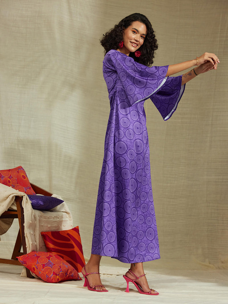 Satin Floral Flared Dress - Purple