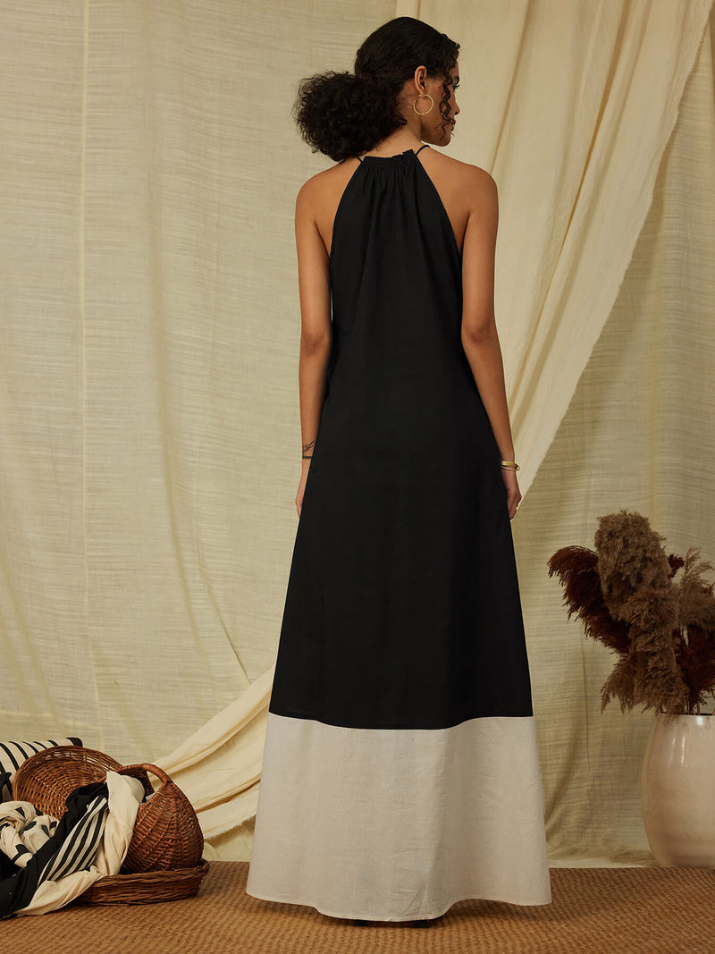 Cotton Halterneck Dress - Black & Cream