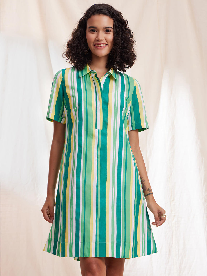 Cotton Stripe A-line Shirt Dress - Green
