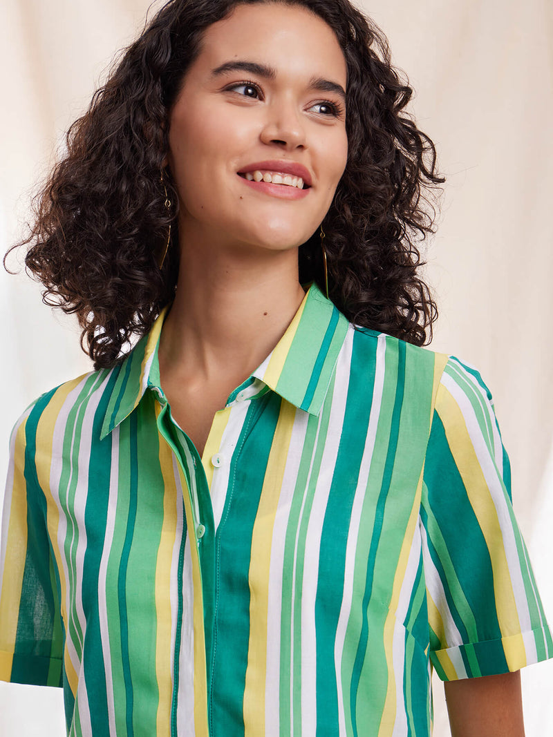 Cotton Stripe A-line Shirt Dress - Green