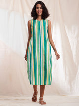 Cotton Stripe Relaxed Sleeveless Dress - Green