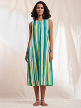 Cotton Stripe Relaxed Sleeveless Dress - Green