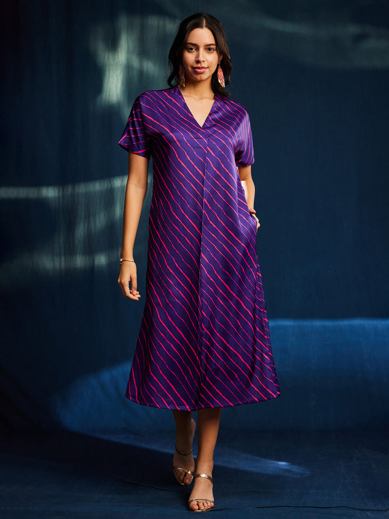 Satin Leheriya Pleated Dress - Purple