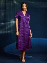 Satin Leheriya Pleated Dress - Purple