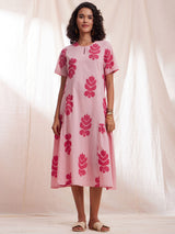 Cotton Ikat Gathered Dress - Pink
