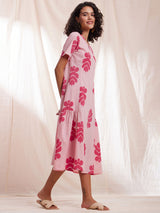 Cotton Ikat Gathered Dress - Pink
