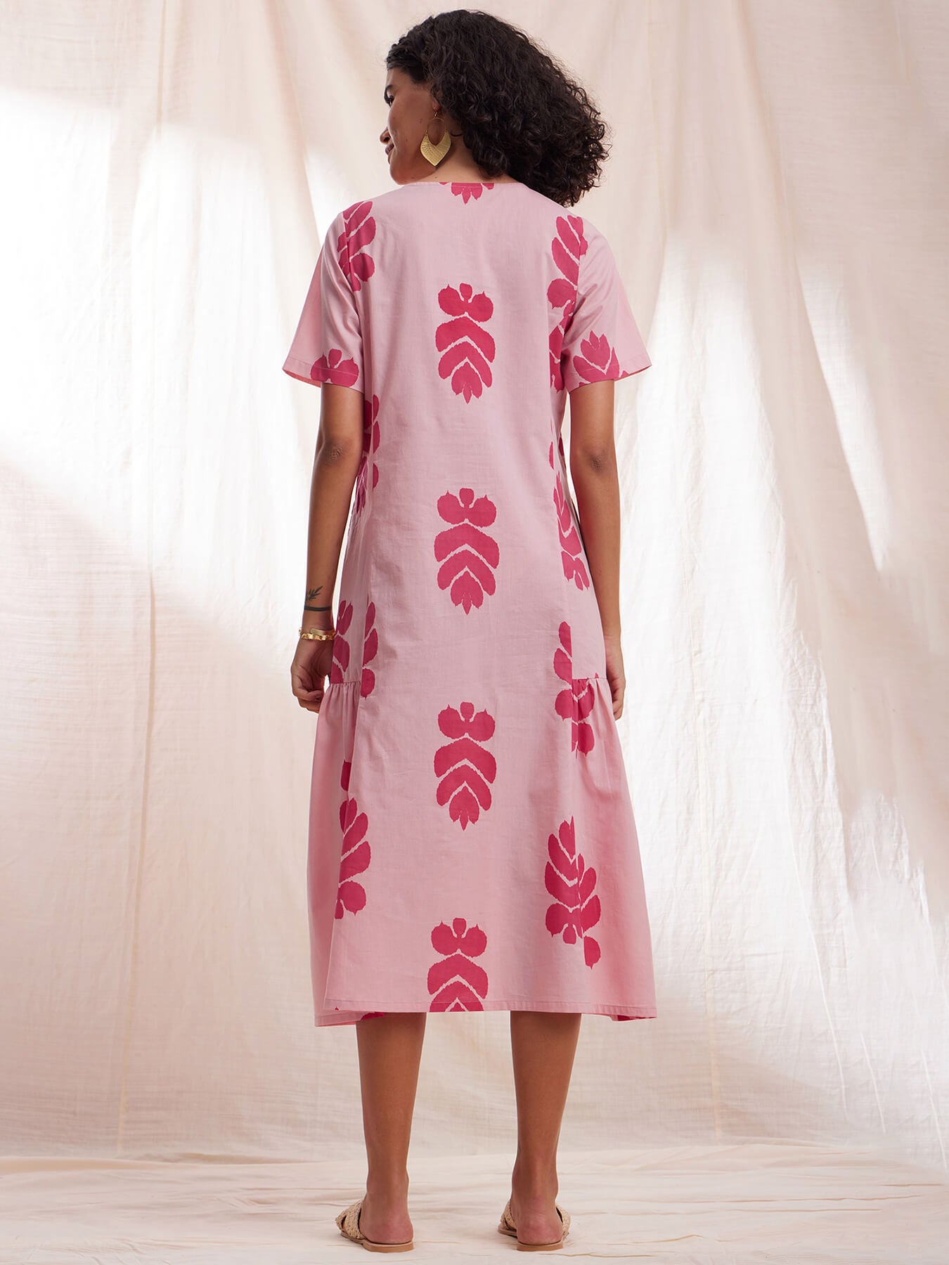 Cotton Ikat Gathered Dress - Pink