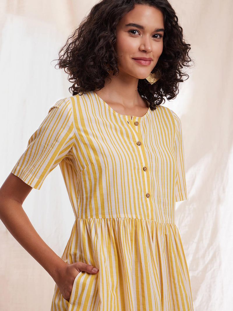 Cotton Stripe A-line Dress - Yellow