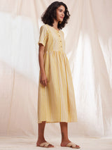 Cotton Stripe A-line Dress - Yellow