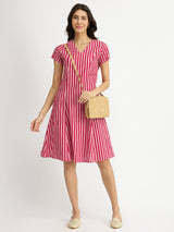 Cotton Stripe A-line Dress - Pink