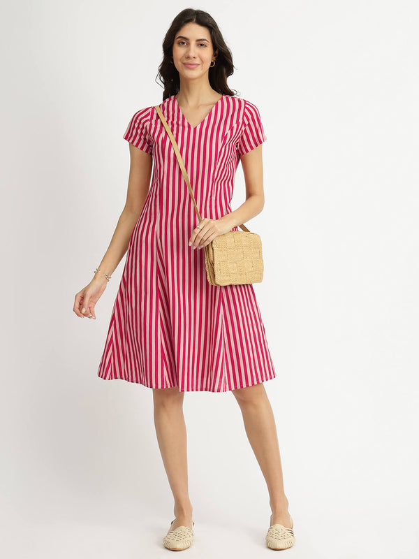 Cotton Stripe A-line Dress - Pink