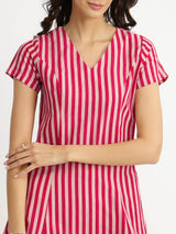 Cotton Stripe A-line Dress - Pink