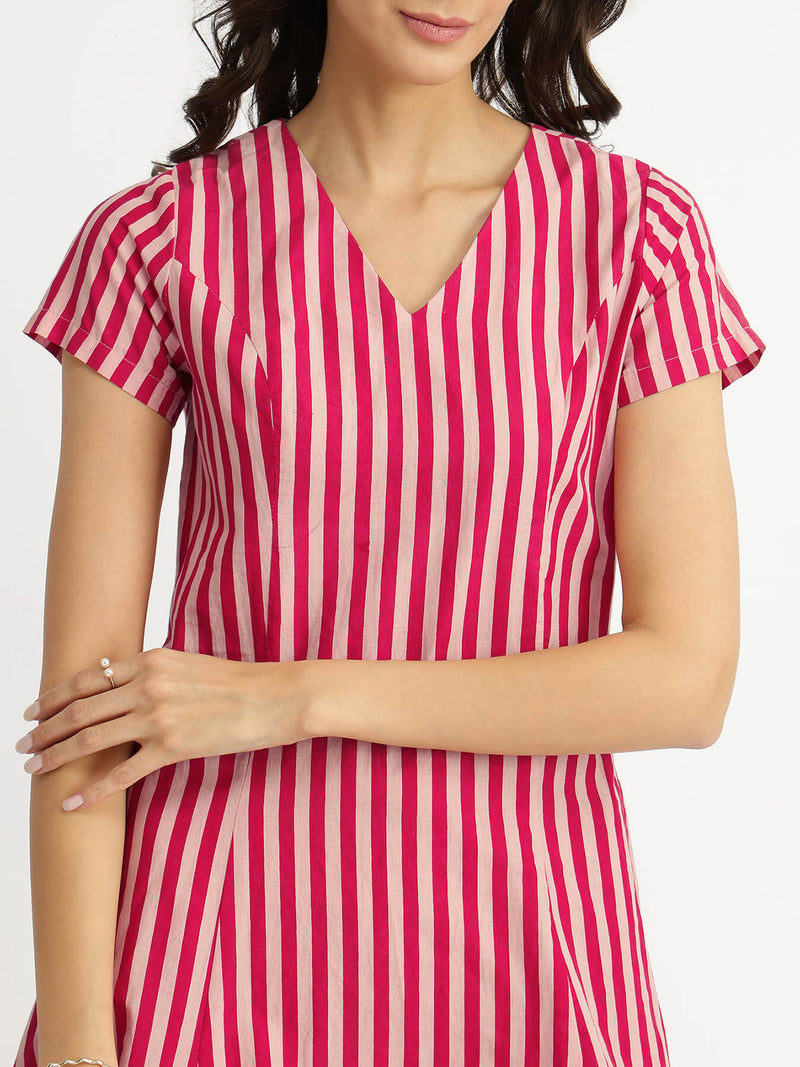 Cotton Stripe A-line Dress - Pink